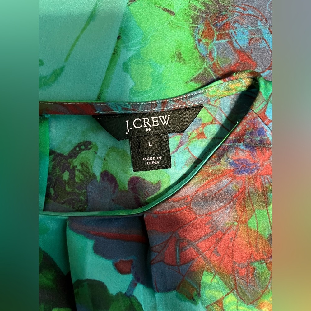 J. Crew Turquoise Floral Long-Sleeve Blouse Size L Pleated Neckline - Picture 5 of 8